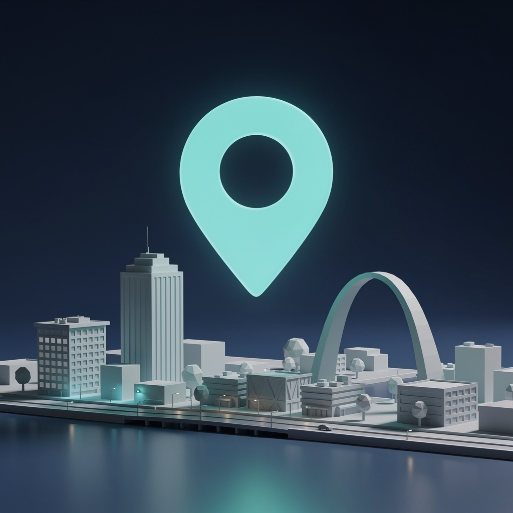 Local SEO services for St. Louis — 3D map pin over miniature St. Louis skyline